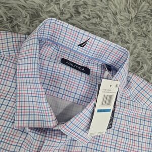 Nautica 258829 Mens 2XL XXL Pink Blue‎ Plaid S/SButton Front Performance Shirt